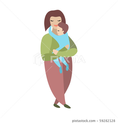 A full or pregnant woman is holding a baby son in her arms. Vectonic characters isolated on white A full or pregnant woman is holding a baby son in her arms. Vectonic characters isolated on white 59282128
