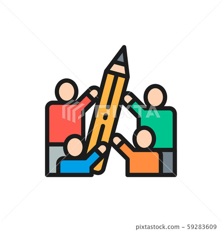 People hold big pencil flat color line icon. 59283609