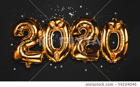 Happy New year 2020 celebration. Bright gold balloons figures, New Year Balloons with glitter stars Happy New year 2020 celebration. Bright gold balloons figures, New Year Balloons with glitter stars 59284046
