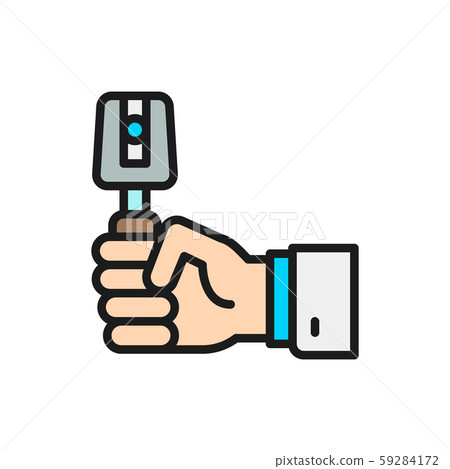 Hand with instrument for eye examination flat color line icon. 59284172