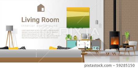 Living room interior background with fireplace and furniture in modern retro style Living room interior background with fireplace and furniture in modern retro style 59285150