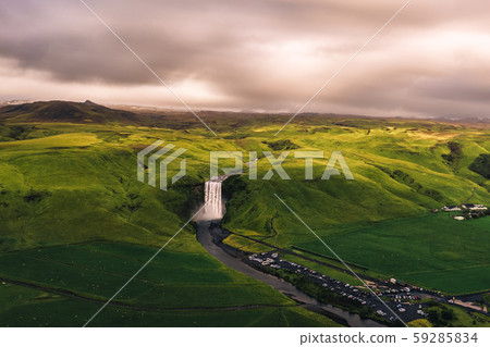Aerial view of the Skogafoss waterfall in southern Iceland at sunset Aerial view of the Skogafoss waterfall in southern Iceland at sunset 59285834