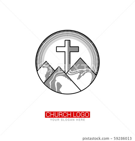 Church logo. Christian symbols. Cross of the Savior Jesus Christ against the backdrop of mountains and radiance Church logo. Christian symbols. Cross of the Savior Jesus Christ against the backdrop of mountains and radiance 59286013