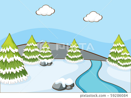 Scene with pine trees and river - Stock Illustration [59286084] - PIXTA