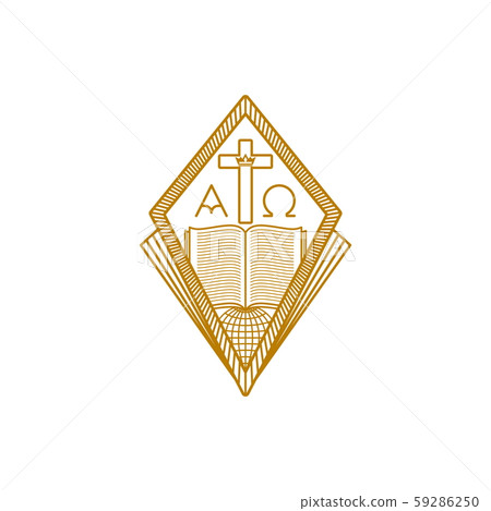 Church logo. Christian symbols. Globe, open bible, cross of Jesus Christ. Alpha and Omega. Church logo. Christian symbols. Globe, open bible, cross of Jesus Christ. Alpha and Omega. 59286250
