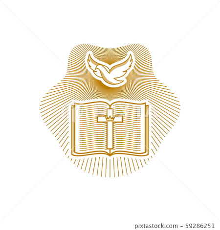 Church logo. Christian symbols. Dove, open bible and cross of Jesus Christ. Church logo. Christian symbols. Dove, open bible and cross of Jesus Christ. 59286251