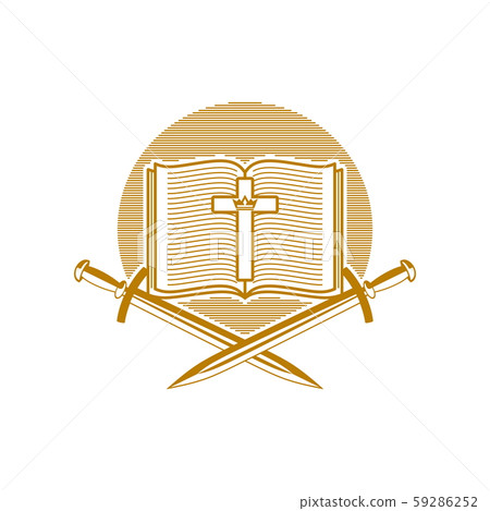 Church logo. Christian symbols. An open Bible, the cross of Jesus Christ and swords. Church logo. Christian symbols. An open Bible, the cross of Jesus Christ and swords. 59286252