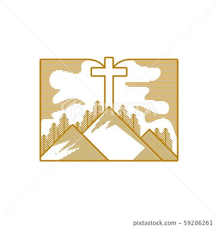 Church logo. Christian symbols. Mountains and a cross on the background of an open bible. Church logo. Christian symbols. Mountains and a cross on the background of an open bible. 59286261