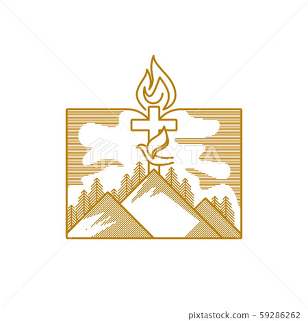 Church logo. Christian symbols. Mountains, the cross of Jesus Christ, a dove and a flame against the background of an open bible. Church logo. Christian symbols. Mountains, the cross of Jesus Christ, a dove and a flame against the background of an open bible. 59286262