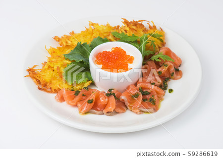 potato pancakes salmon fish and red caviar 59286619