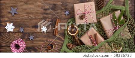 New Year Christmas composition with net bag with New Year Christmas composition with net bag with 59286723