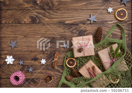 New Year Christmas composition with net bag with New Year Christmas composition with net bag with 59286731