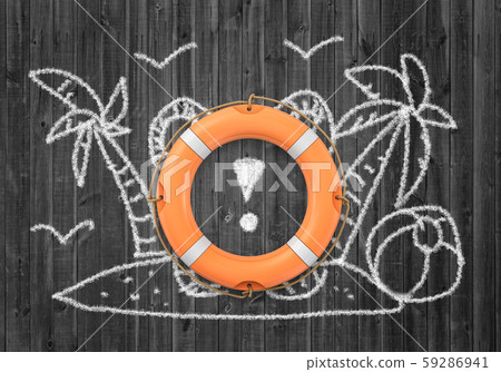 3d rendering of orange lifebuoy ring with tropical island drawn on blackboard background 3d rendering of orange lifebuoy ring with tropical island drawn on blackboard background 59286941