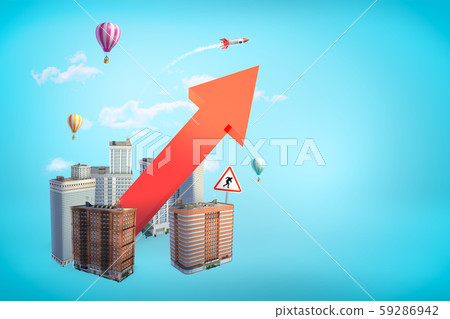 3d rendering of huge red arrow rising from modern city right into blue sky on blue background with 59286942