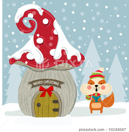 Christmas card with cute squirrel and fairy house. Christmas card with cute squirrel and fairy house. 59288087