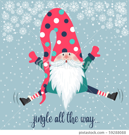 Cute gnome jump. Christmas card. Flat design. Cute gnome jump. Christmas card. Flat design. 59288088