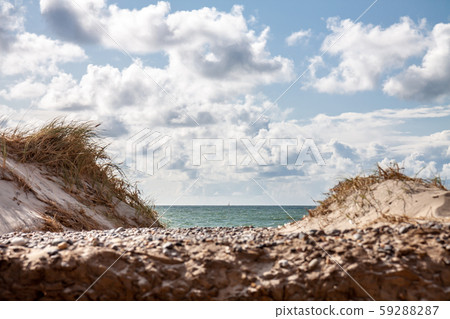 Beautiful sand dune with sea grass and sailboat on horizon. 59288287