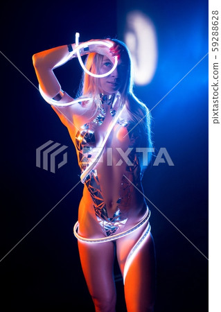 Slim blonde with silver tape bodyart view 59288628