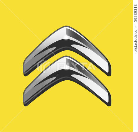 Vector of siver 3D Citroen logo with black side on yellow background. Vector of siver 3D Citroen logo with black side on yellow background. 59289318