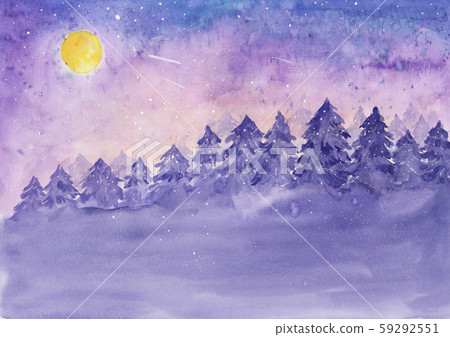 紫色的夜空和松樹林水彩 59292551