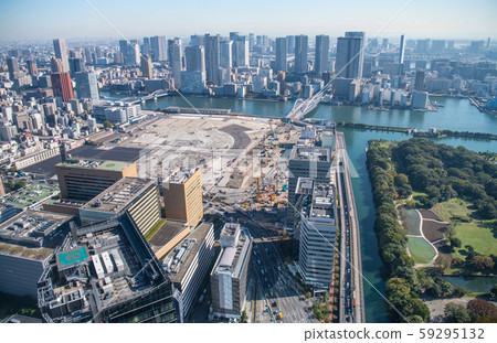 Tokyo cityscape in Japan Tsukiji market site. Fan-shaped building was also demolished = November 6, 2019 59295132