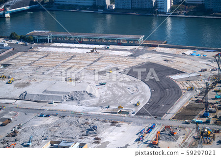 東京都市風景在日本築地市場站點。扇形建築也被拆除= 2019年11月6日 59297021