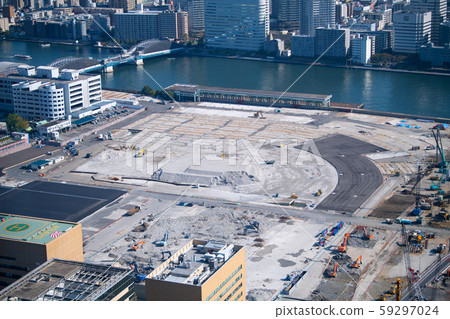 Tokyo cityscape in Japan Tsukiji market site. Fan-shaped building was also demolished = November 6, 2019 Tokyo cityscape in Japan Tsukiji market site. Fan-shaped building was also demolished = November 6, 2019 59297024