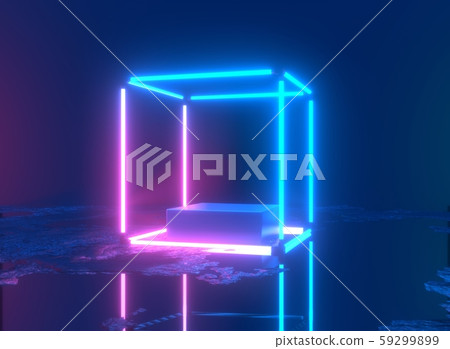 Neon background. 3d rendering pedestal, shiny metallic podium with glowing square frame. Blank 59299899