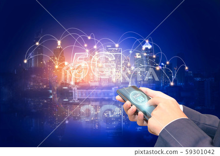 Creative background, male hand holding a phone 59301042