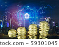 Double exposure of city and rows of coins with 59301045