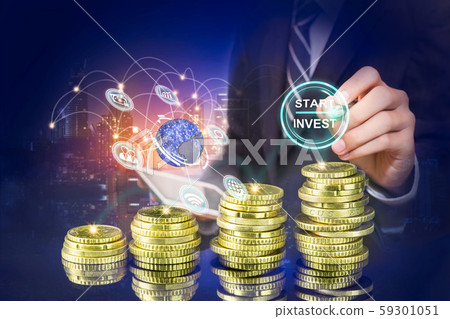 Startup button on a virtual screen touched by a 59301051