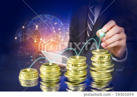 Business man pointing at growth graph and business 59301054