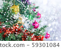 Closeup of Christmas tree with light, snow flake. 59301084