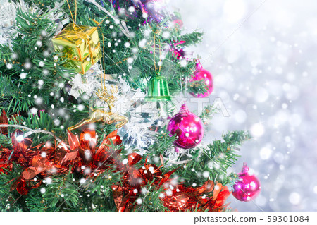 Closeup of Christmas tree with light, snow flake. Closeup of Christmas tree with light, snow flake. 59301084