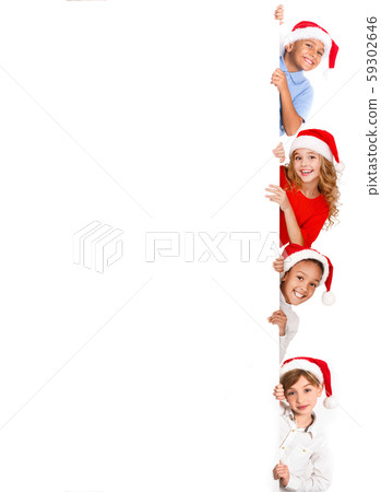 Christmas greeting. Children looking out from banner 59302646