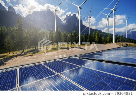 Solar panel and wind turbine farm clean energy. Solar panel and wind turbine farm clean energy. 59304881