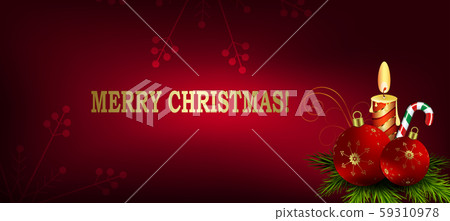 Christmas red design with red christmas balls, burning candles and staff Christmas red design with red christmas balls, burning candles and staff 59310978