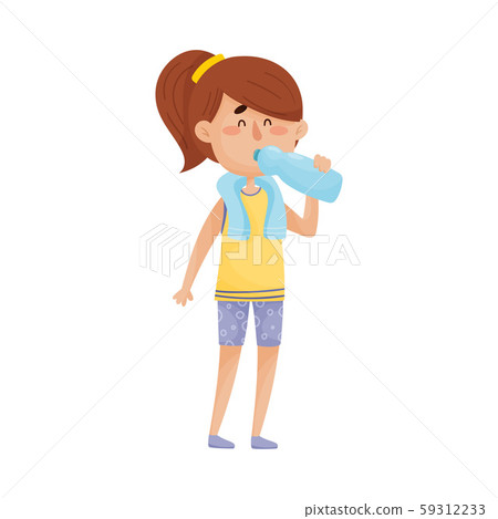 Young Dark-haired Girl Character Standing and Drinking Still Water From Bottle Vector Illustration. Young Dark-haired Girl Character Standing and Drinking Still Water From Bottle Vector Illustration. 59312233