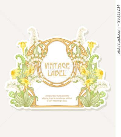 Narcissus, lily of the valley. Label, border. Narcissus, lily of the valley. Label, border. 59312234