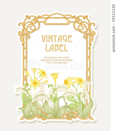Narcissus, lily of the valley. Label, border. Narcissus, lily of the valley. Label, border. 59312236