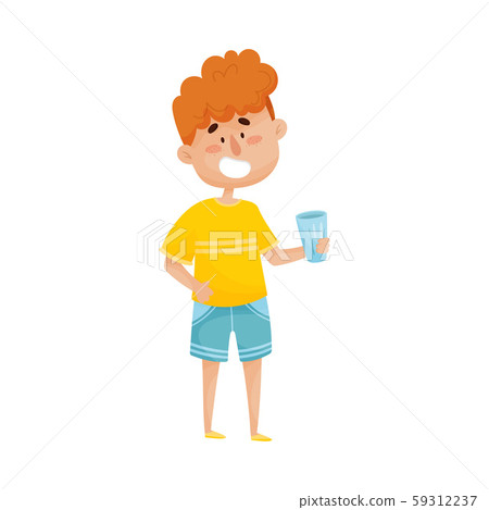 Young Red-haired Boy Character Standing and Holding Glass with Water in His Hand Vector Illustration Young Red-haired Boy Character Standing and Holding Glass with Water in His Hand Vector Illustration 59312237