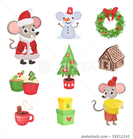 Set of New Year attributes and characters. Vector illustration. 59312241