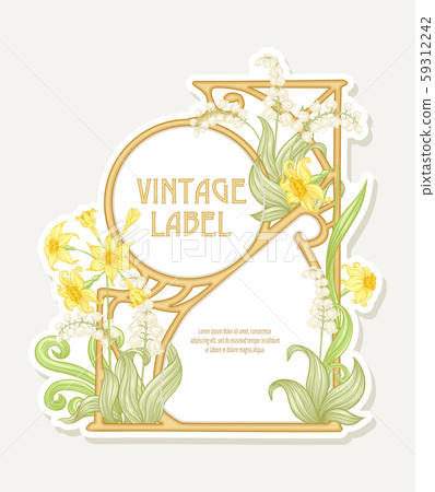 Narcissus, lily of the valley. Label, border. Narcissus, lily of the valley. Label, border. 59312242