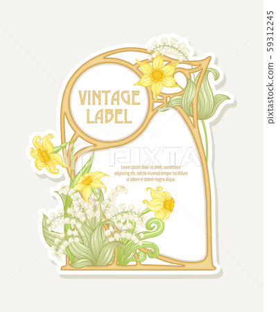 Narcissus, lily of the valley. Label, border. Narcissus, lily of the valley. Label, border. 59312245