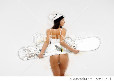 Seductive female smiling and carrying snowboard 59312501
