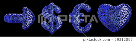 Symbol collection arrow, dollar, euro and heart made of blue plastic. 3d rendering 59312895