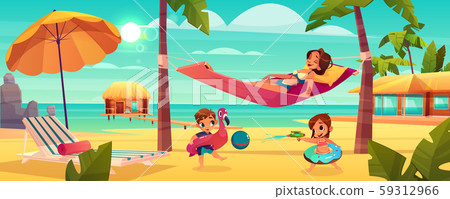 Woman with kids resting on beach 59312966