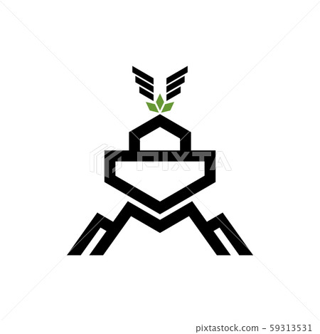 Logo Noah's ark on top of the mountain. Dove with a branch of olive. Ship to rescue animals and people from the Flood. Biblical illustration. 59313531