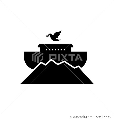 Logo Noah's ark on top of the mountain. Dove with a branch of olive. Ship to rescue animals and people from the Flood. Biblical illustration. 59313539