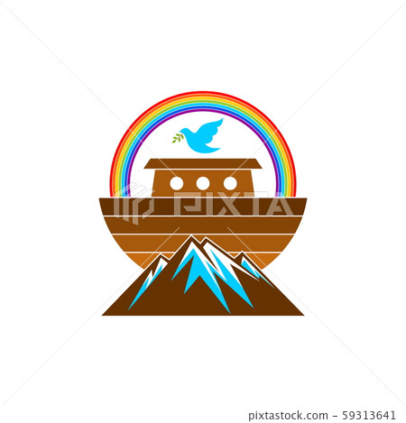 Logo of Noah's Ark. Rainbow - a symbol of the covenant. Dove with a branch of olive. Ship to rescue animals and people from the Flood. Biblical illustration. 59313641